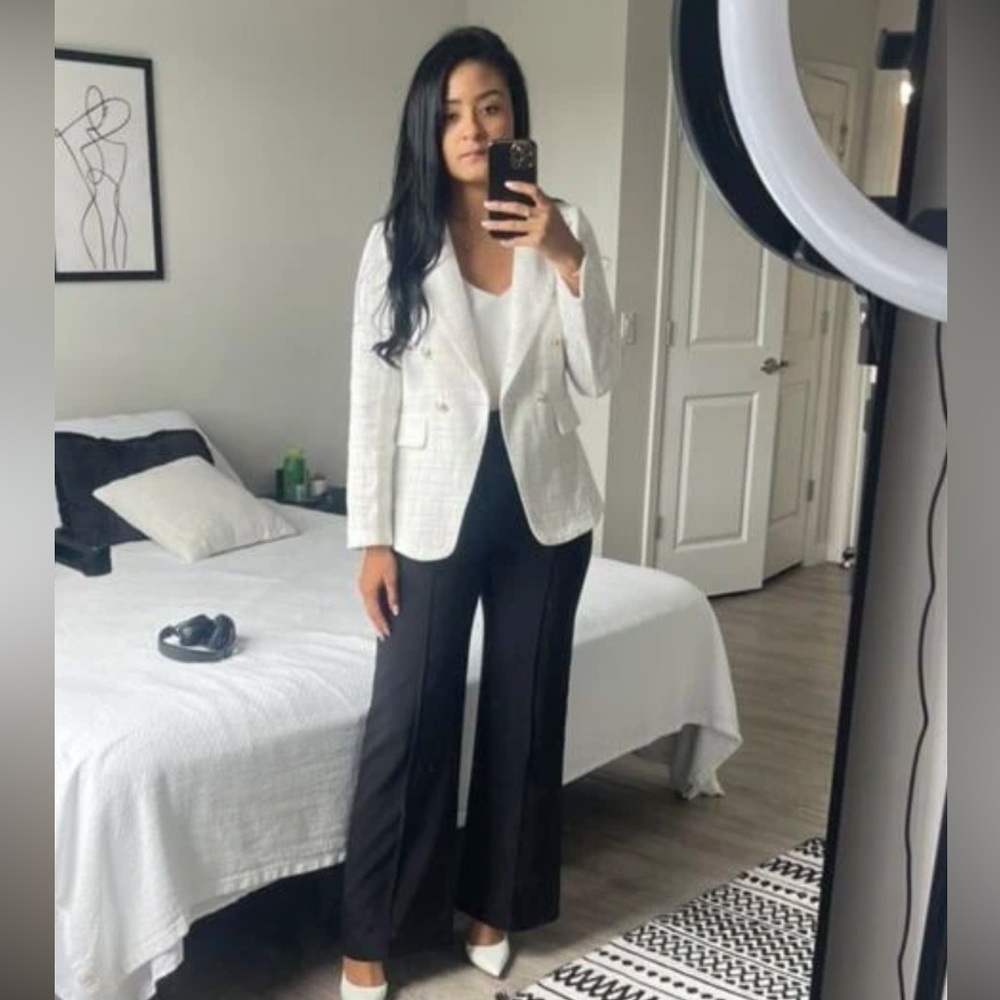 Classic Plaid Tweed Double Breasted White Blazer Jacket Long Sleeve - Picture 13 of 16